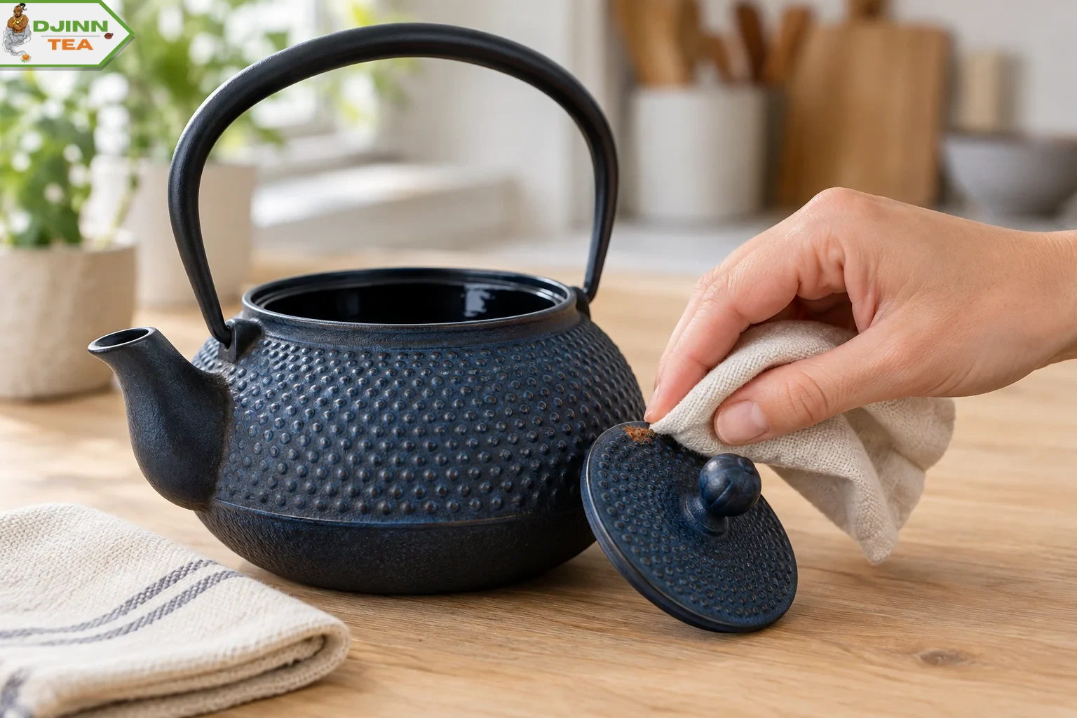 Une main essuie une petite trace de rouille sur le couvercle extérieur d’une théière en fonte bleue