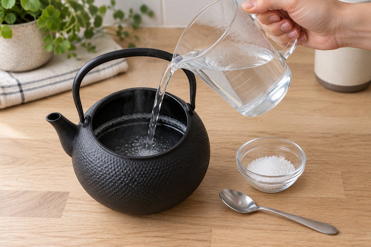 Solution tiède d'acide citrique versée dans une théière en fonte émaillée jusqu'au dépôt