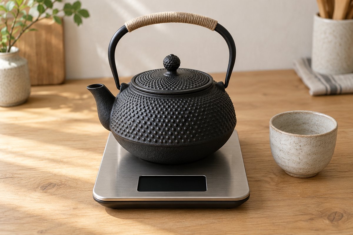 Théière japonaise en fonte noire à anse en corde posée sur une balance de cuisine
