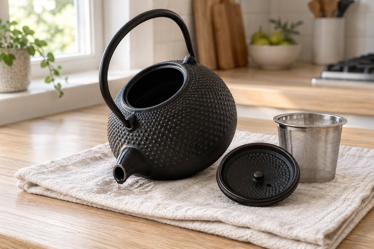 Théière en fonte noire séchant ouverte, bec vers le bas, couvercle et filtre à côté
