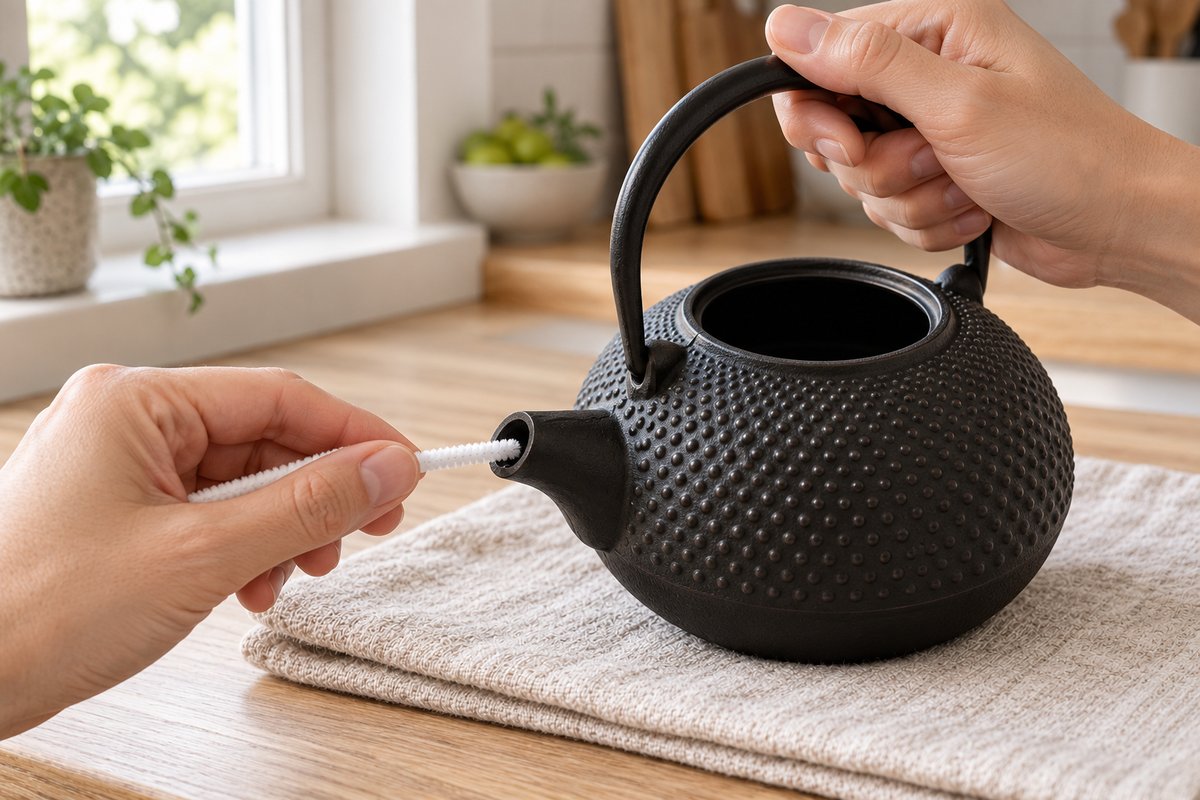 Cure-pipe en coton glissé dans le bec d'une théière en fonte noire pour l'essuyer